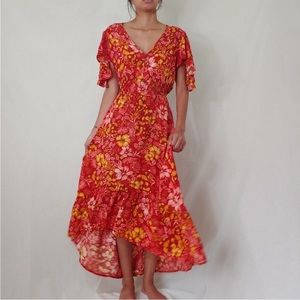 Anthropologie Red and Yellow Floral Maxi Dress